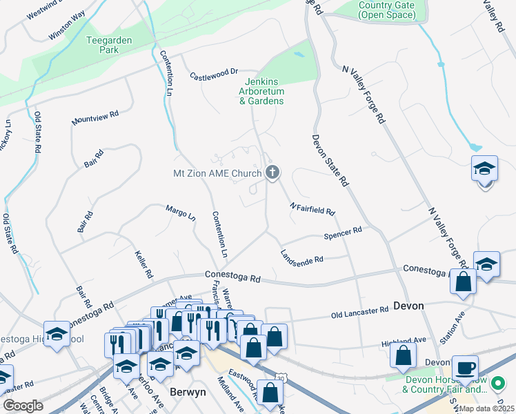 map of restaurants, bars, coffee shops, grocery stores, and more near 430 Berwyn Baptist Road in Devon