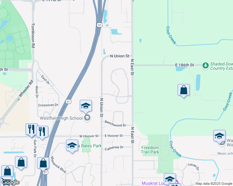 map of restaurants, bars, coffee shops, grocery stores, and more near 18408 Harvest Meadows Drive West in Westfield
