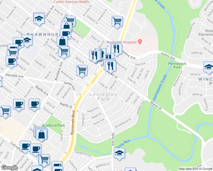 map of restaurants, bars, coffee shops, grocery stores, and more near 7903 Fairfield Street in Philadelphia
