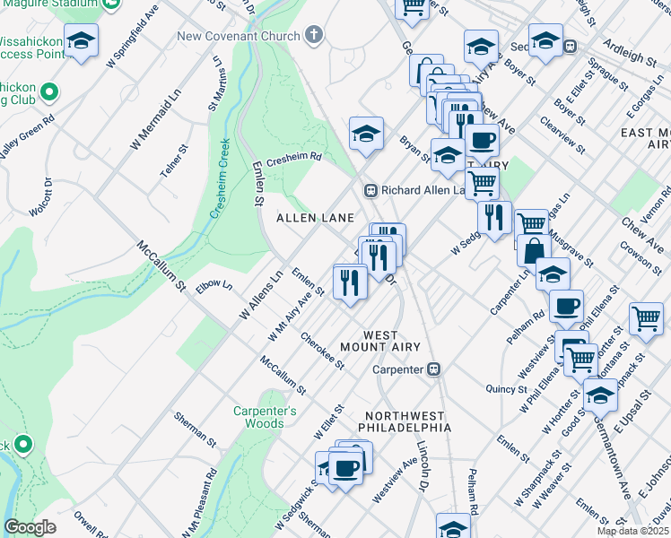 map of restaurants, bars, coffee shops, grocery stores, and more near 346 West Mount Airy Avenue in Philadelphia