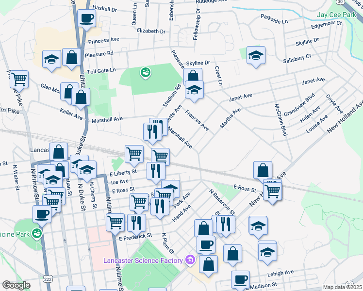 map of restaurants, bars, coffee shops, grocery stores, and more near 1102 Marshall Ave in Lancaster