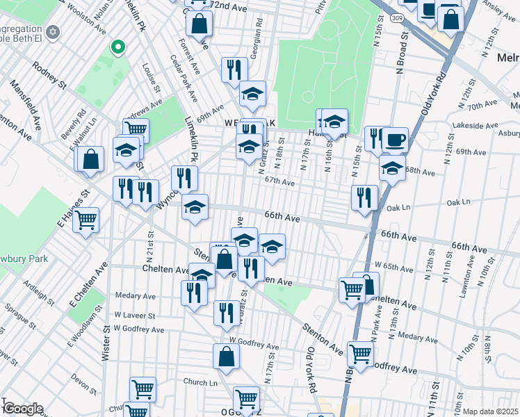 map of restaurants, bars, coffee shops, grocery stores, and more near 6551 North Gratz Street in Philadelphia
