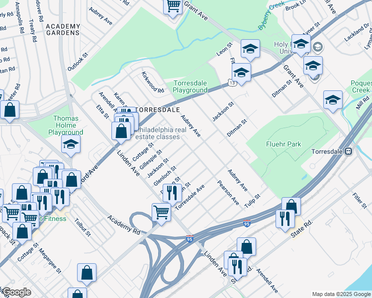map of restaurants, bars, coffee shops, grocery stores, and more near 4504 Pearson Avenue in Philadelphia