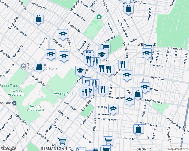map of restaurants, bars, coffee shops, grocery stores, and more near 1366 East Rittenhouse Street in Philadelphia
