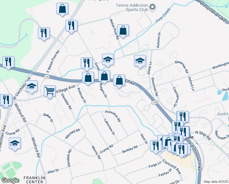 map of restaurants, bars, coffee shops, grocery stores, and more near 1005 Worthington Drive in Exton