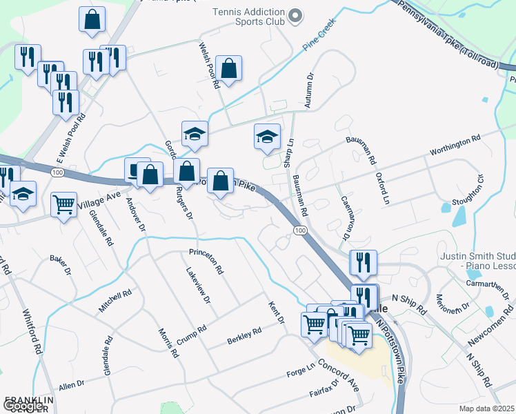 map of restaurants, bars, coffee shops, grocery stores, and more near 178 Worthington Drive in Exton