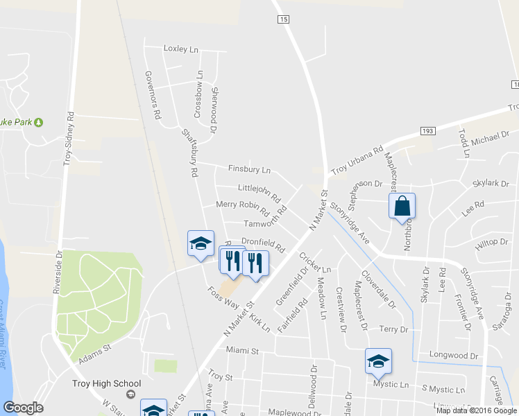 map of restaurants, bars, coffee shops, grocery stores, and more near Merry Robin Road in Troy