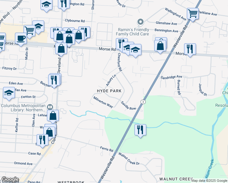 map of restaurants, bars, coffee shops, grocery stores, and more near 2671 Sherborne Crescent in Columbus