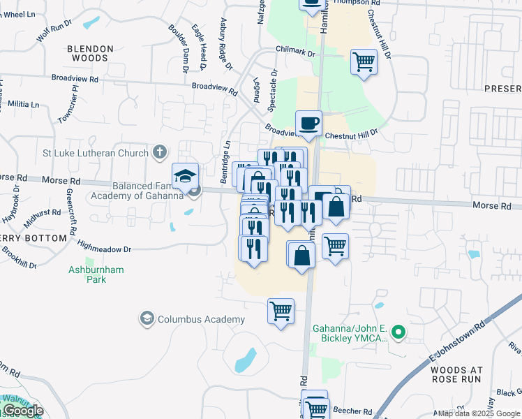 map of restaurants, bars, coffee shops, grocery stores, and more near 1365 Stoneridge Drive in Gahanna