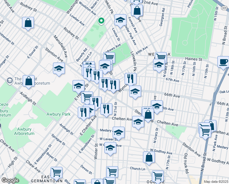 map of restaurants, bars, coffee shops, grocery stores, and more near 6524 North 21st Street in Philadelphia