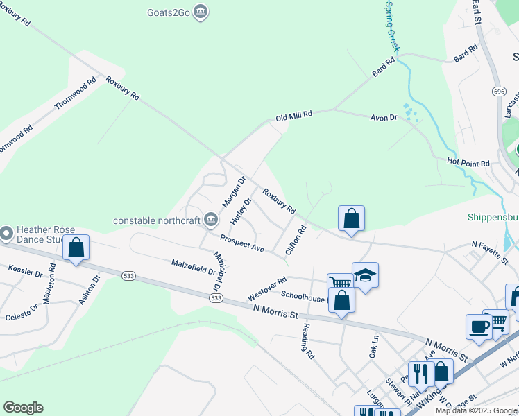 map of restaurants, bars, coffee shops, grocery stores, and more near 814 Crescent Drive in Shippensburg