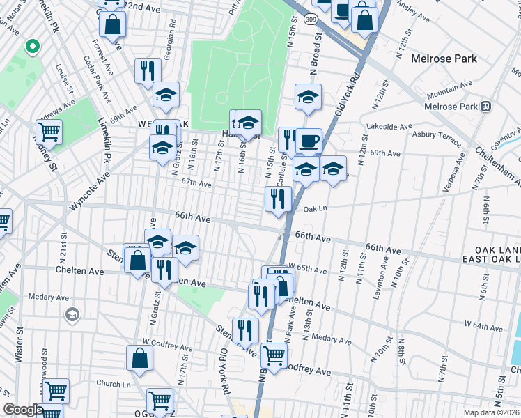 map of restaurants, bars, coffee shops, grocery stores, and more near 1499 66th Avenue in Philadelphia