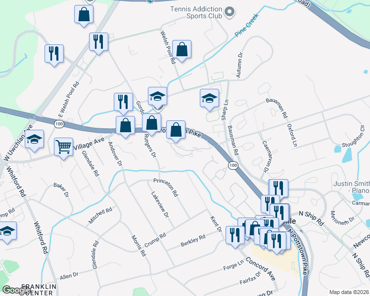 map of restaurants, bars, coffee shops, grocery stores, and more near 1206 Worthington Drive in Exton