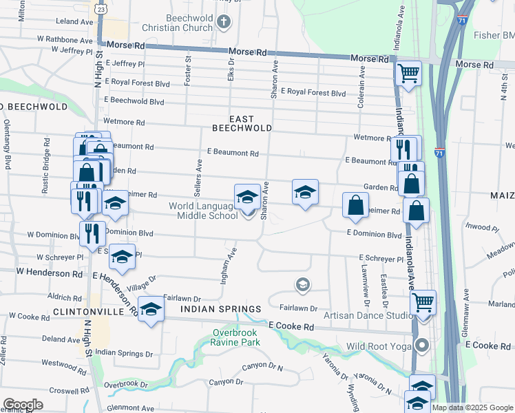 map of restaurants, bars, coffee shops, grocery stores, and more near 361 East Weisheimer Road in Columbus