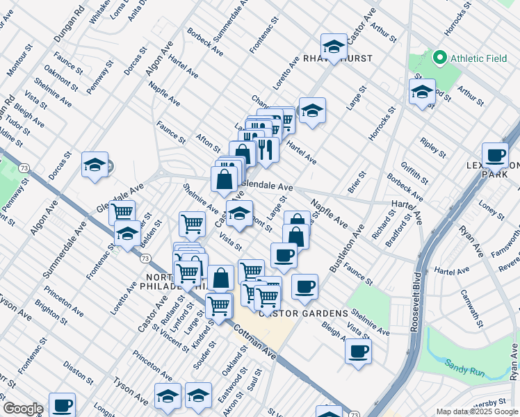 map of restaurants, bars, coffee shops, grocery stores, and more near 2028 Faunce St in Philadelphia