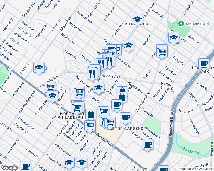 map of restaurants, bars, coffee shops, grocery stores, and more near 2028 Faunce St in Philadelphia