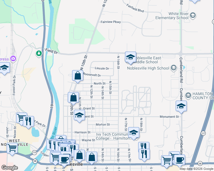 map of restaurants, bars, coffee shops, grocery stores, and more near 1435 North Street in Noblesville