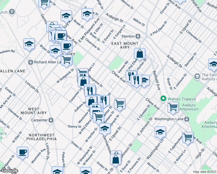 map of restaurants, bars, coffee shops, grocery stores, and more near 6728 Bass Street in Philadelphia