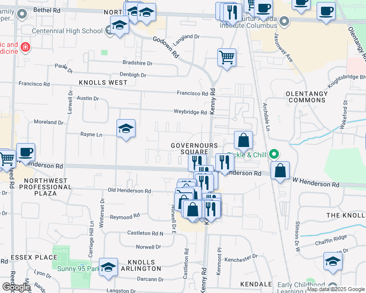 map of restaurants, bars, coffee shops, grocery stores, and more near Bunker Hill Boulevard in Columbus