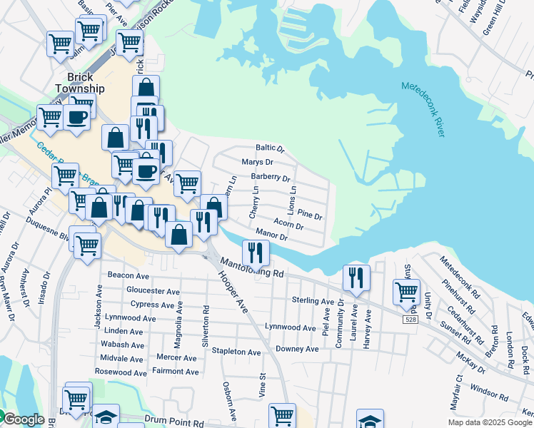 map of restaurants, bars, coffee shops, grocery stores, and more near 705 Cherry Lane in Brick Township