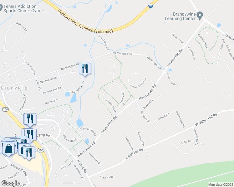 map of restaurants, bars, coffee shops, grocery stores, and more near 506 Pine Creek Road in Exton