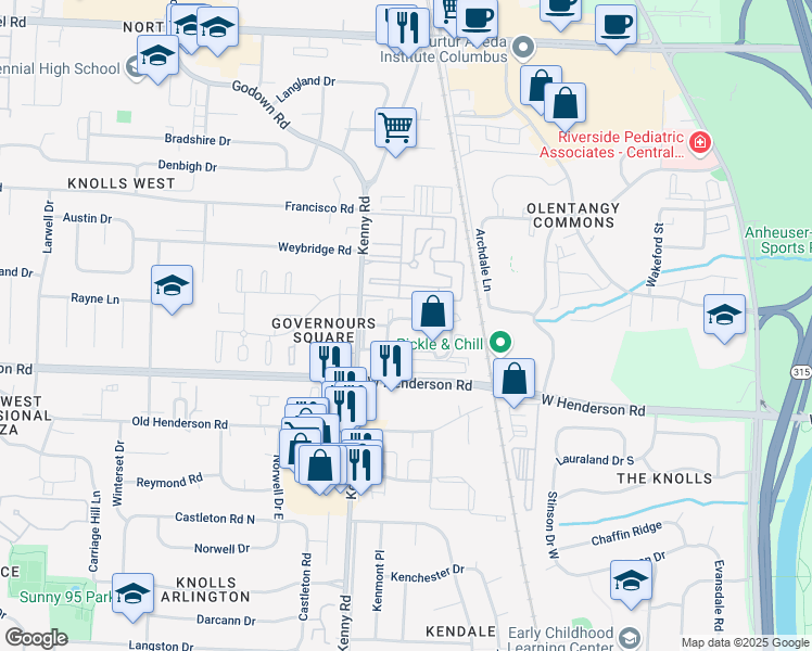 map of restaurants, bars, coffee shops, grocery stores, and more near 1075 Merrimar Circle North in Columbus