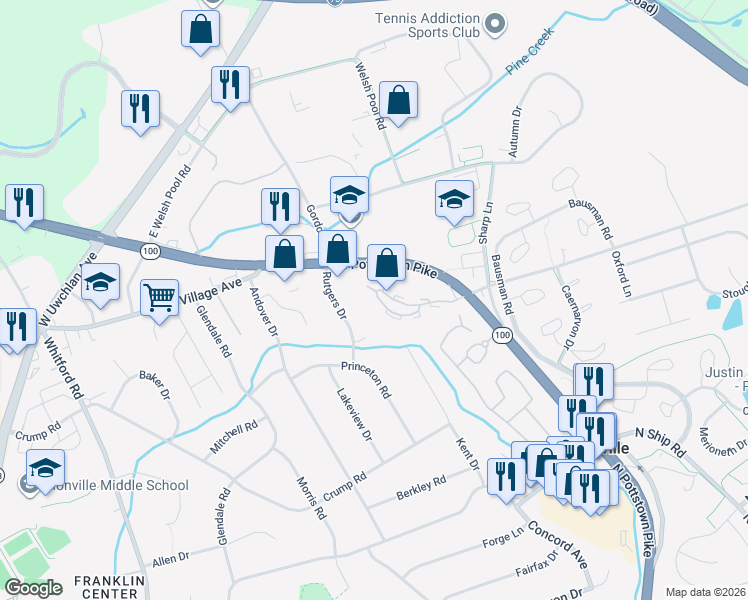 map of restaurants, bars, coffee shops, grocery stores, and more near 301 Worthington Drive in Exton