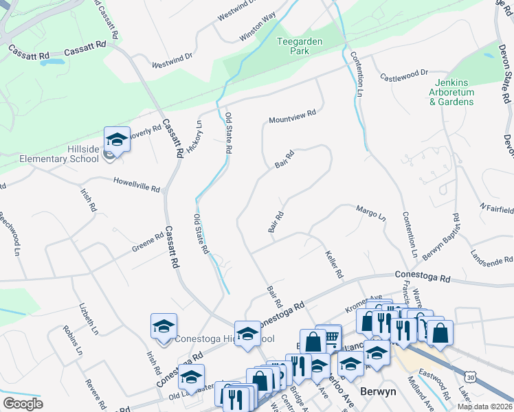 map of restaurants, bars, coffee shops, grocery stores, and more near 425 Bair Road in Berwyn