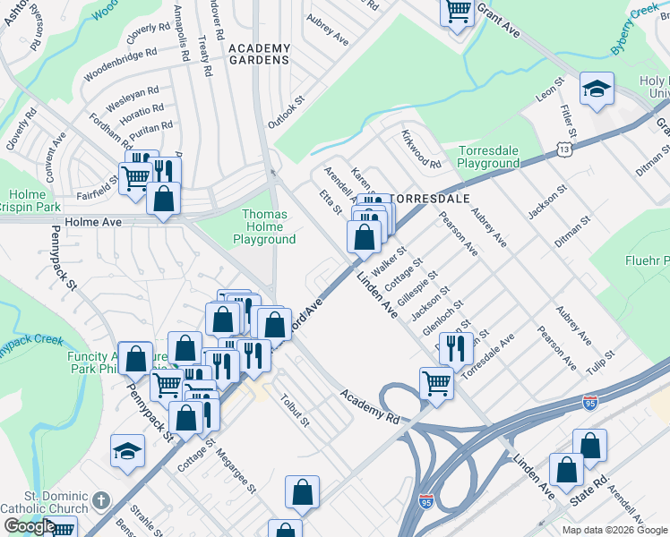map of restaurants, bars, coffee shops, grocery stores, and more near 9176 Frankford Avenue in Philadelphia