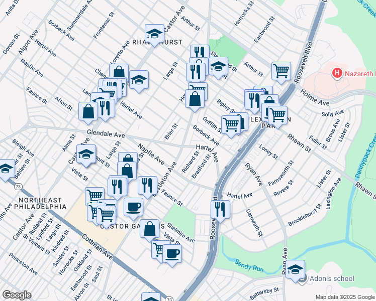 map of restaurants, bars, coffee shops, grocery stores, and more near 2300 Hartel Avenue in Philadelphia