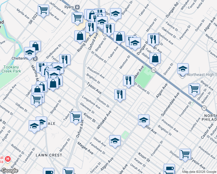 map of restaurants, bars, coffee shops, grocery stores, and more near 800 Brighton Street in Philadelphia
