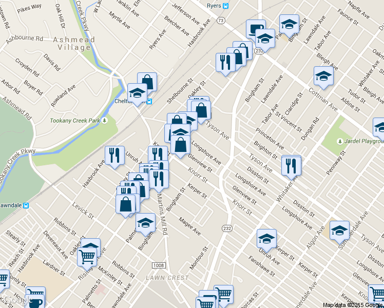 map of restaurants, bars, coffee shops, grocery stores, and more near 543 Glenview Street in Philadelphia