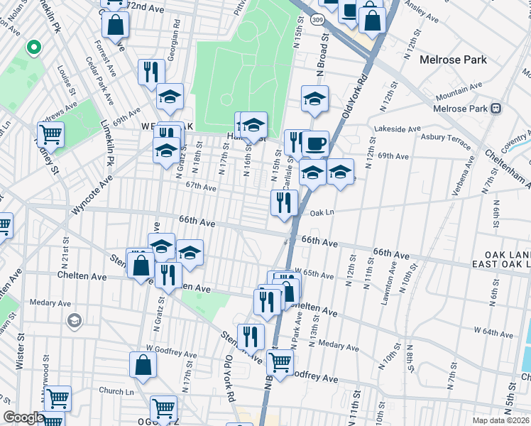 map of restaurants, bars, coffee shops, grocery stores, and more near 1499 66th Avenue in Philadelphia