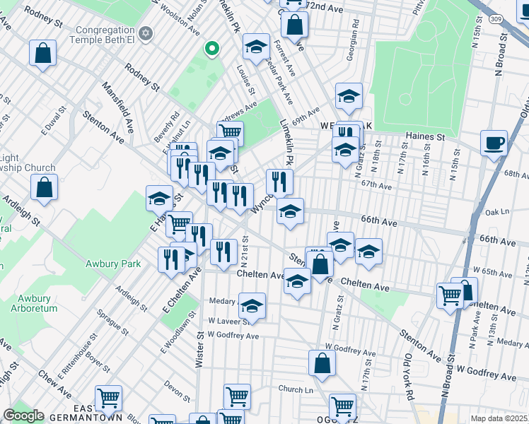 map of restaurants, bars, coffee shops, grocery stores, and more near 6550 North Lambert Street in Philadelphia