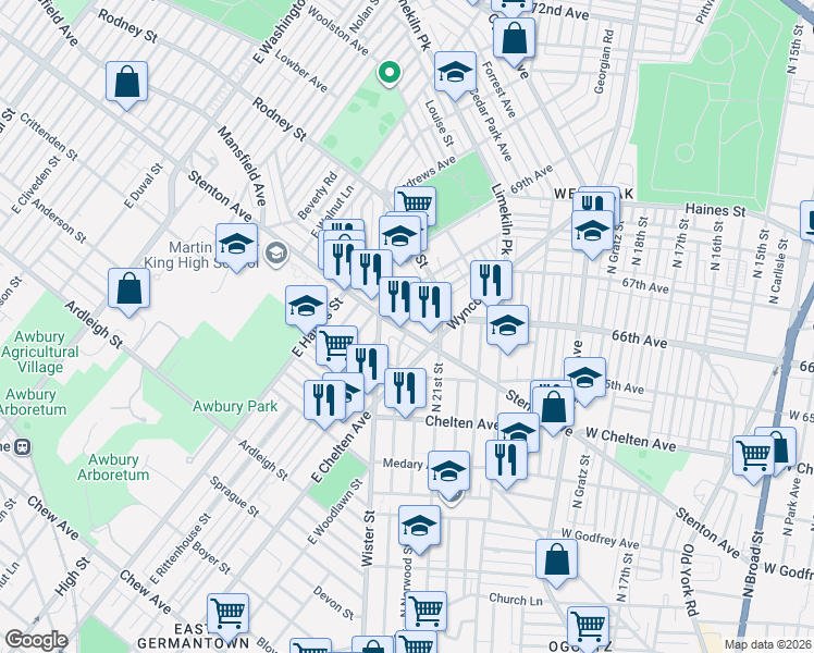 map of restaurants, bars, coffee shops, grocery stores, and more near 2121 Stenton Avenue in Philadelphia