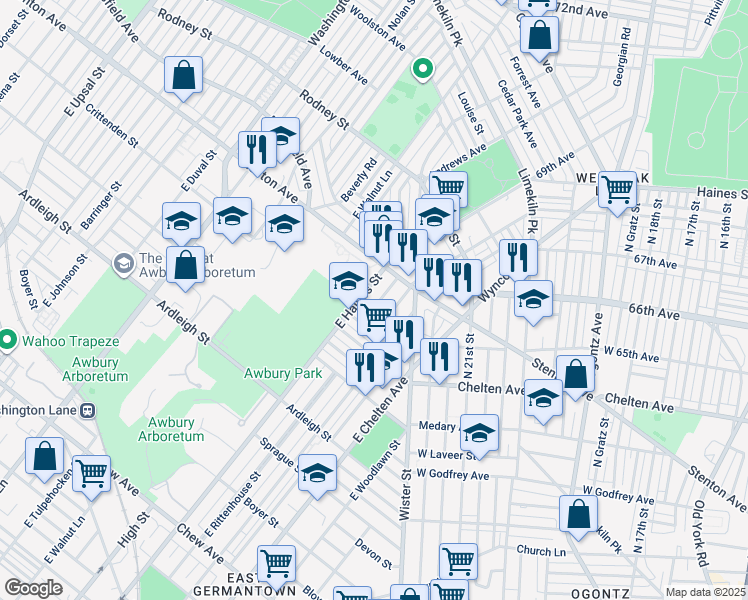 map of restaurants, bars, coffee shops, grocery stores, and more near 1339 Narragansett Street in Philadelphia