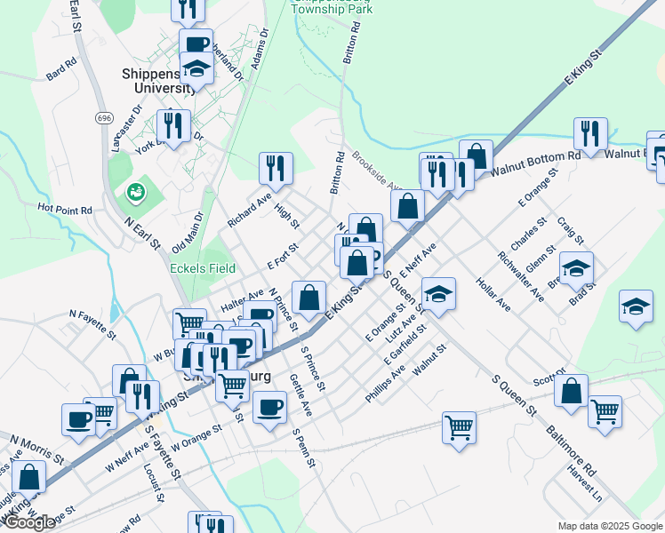 map of restaurants, bars, coffee shops, grocery stores, and more near 17 North Washington Street in Shippensburg