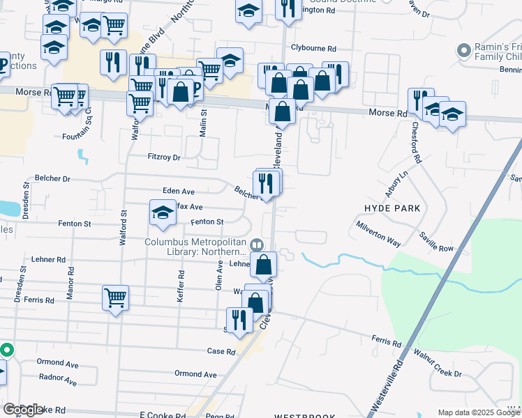 map of restaurants, bars, coffee shops, grocery stores, and more near 2373 Belcher Drive in Columbus
