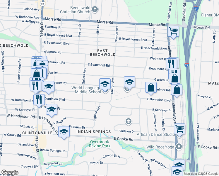 map of restaurants, bars, coffee shops, grocery stores, and more near 361 East Weisheimer Road in Columbus