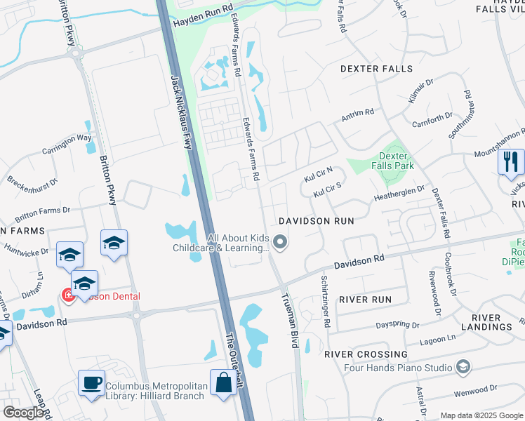 map of restaurants, bars, coffee shops, grocery stores, and more near 4178 Davidson Road in Hilliard