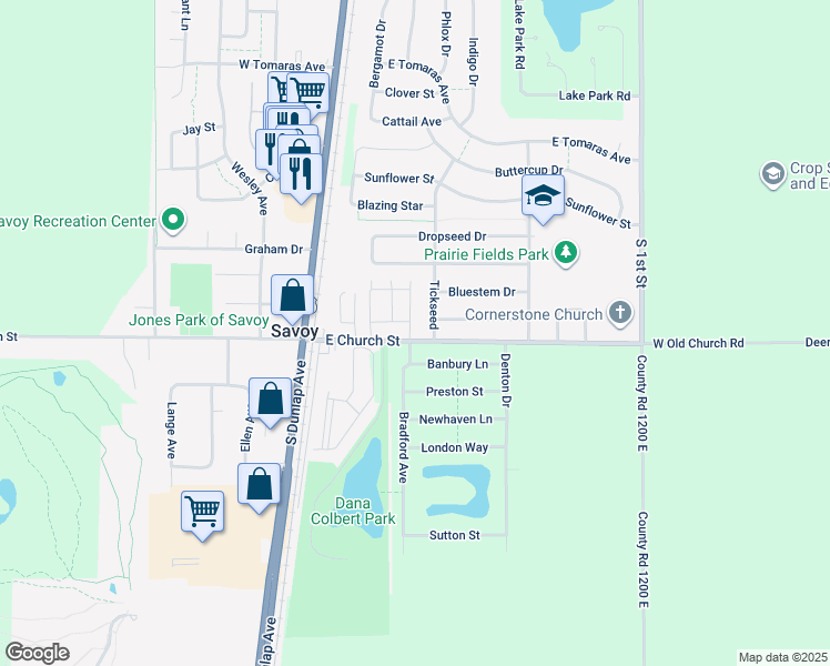 map of restaurants, bars, coffee shops, grocery stores, and more near 101 Tickseed in Savoy