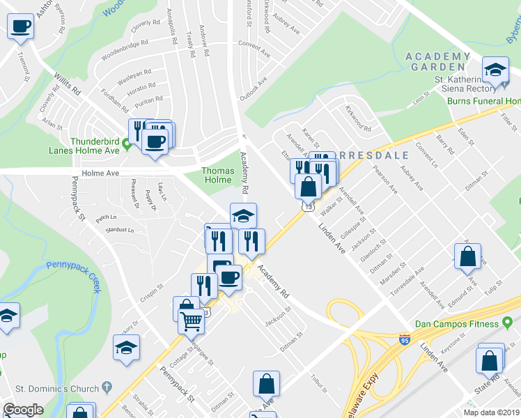 map of restaurants, bars, coffee shops, grocery stores, and more near 9130 Academy Road in Philadelphia