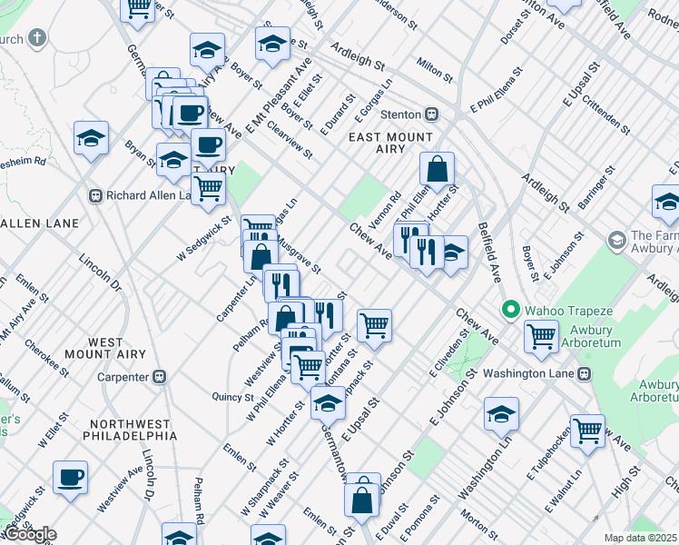 map of restaurants, bars, coffee shops, grocery stores, and more near 6728 Bass Street in Philadelphia