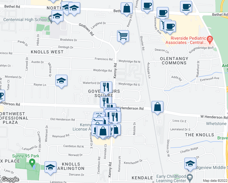 map of restaurants, bars, coffee shops, grocery stores, and more near Kenny Road & Merrimar Circle North in Columbus