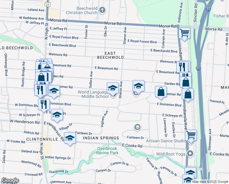 map of restaurants, bars, coffee shops, grocery stores, and more near 361 East Weisheimer Road in Columbus
