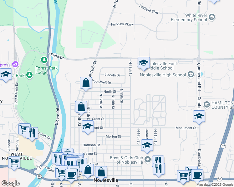map of restaurants, bars, coffee shops, grocery stores, and more near 1435 North Street in Noblesville