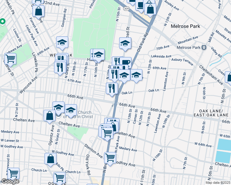 map of restaurants, bars, coffee shops, grocery stores, and more near 6628 North Broad Street in Philadelphia