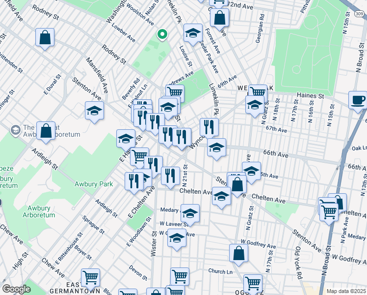 map of restaurants, bars, coffee shops, grocery stores, and more near 6526 North 21st Street in Philadelphia