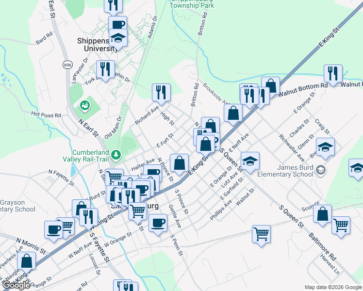 map of restaurants, bars, coffee shops, grocery stores, and more near 315 East Burd Street in Shippensburg