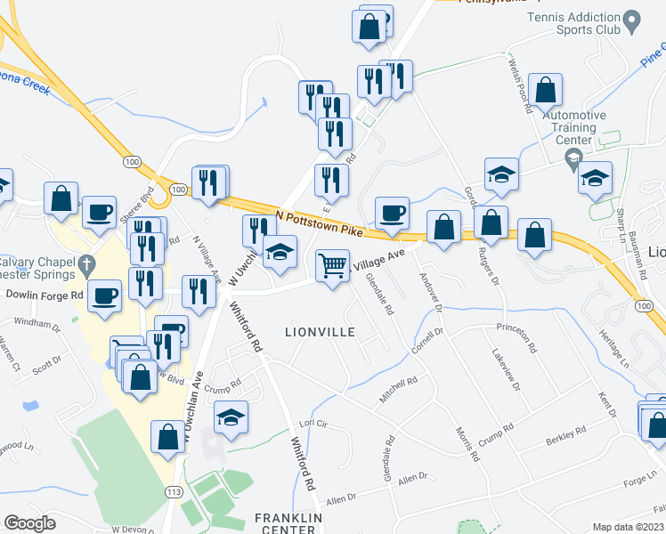 map of restaurants, bars, coffee shops, grocery stores, and more near 109 South Village Avenue in Exton